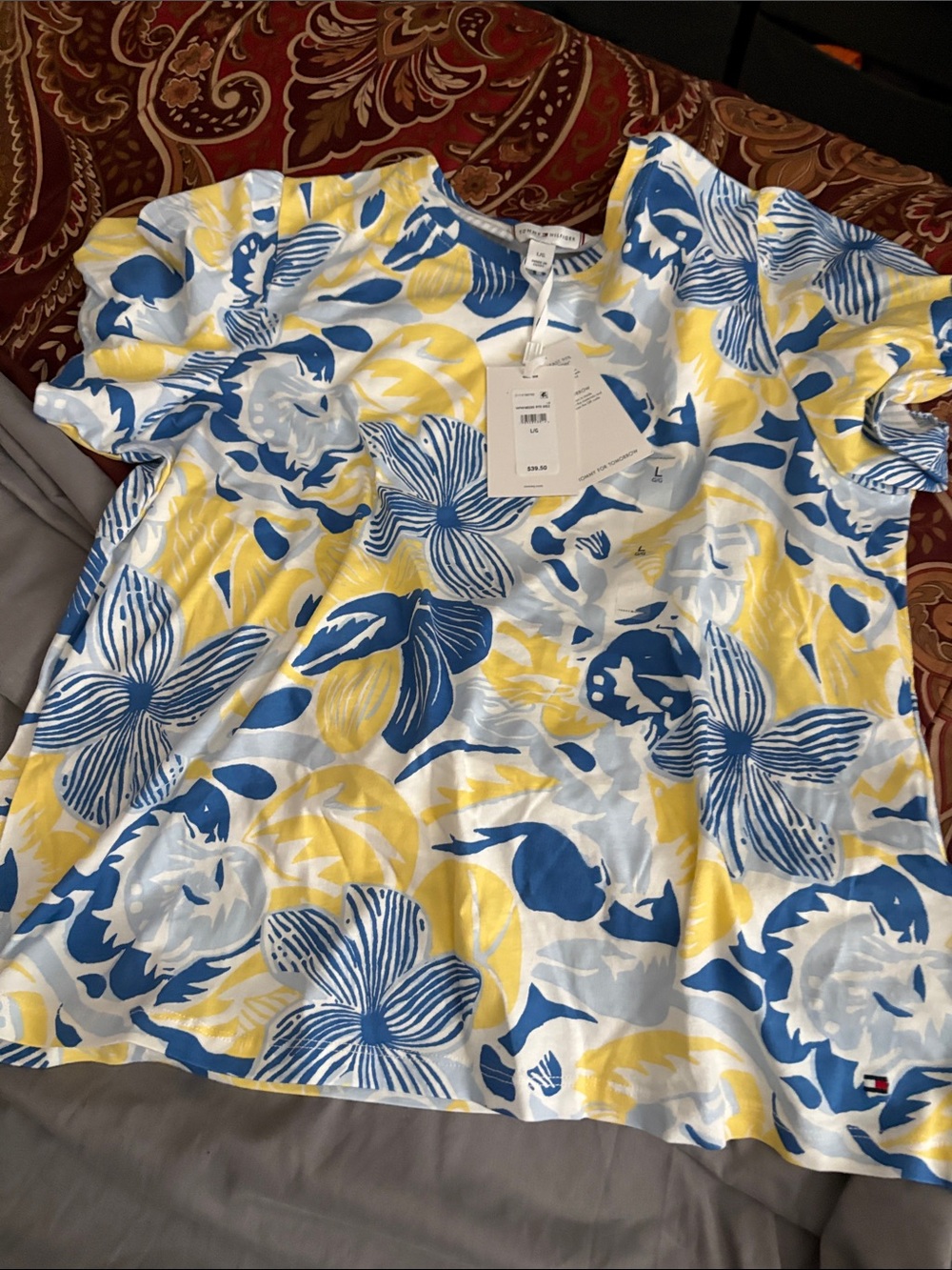 Tommy Hilfiger Blue, Yellow & White Floral Short Sleeve Top